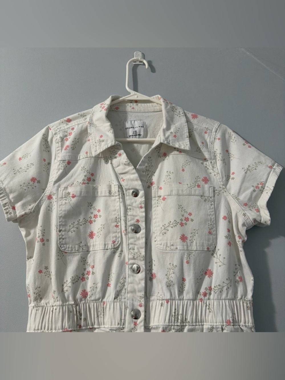 Celebrity One Piece Pink White Floral Romper Juniors LG 11-13  Snaps Pockets